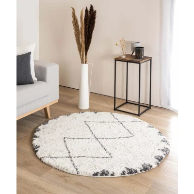 Afbeelding van Rond Hoogpolig Vloerkleed Berber Artisan Wit/grijs 160 Cm