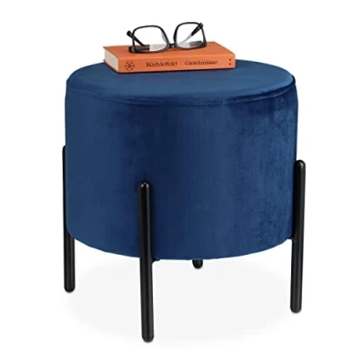 Afbeelding van Relaxdays Hocker blauw fluweel poef velvet voetenbank zacht krukje