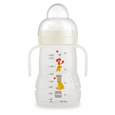 Afbeelding van Mam Trainer D116 drinkbeker leerglas voor baby&#039;s vanaf 4 maanden met siliconen speen, handgrepen en beschermdeksel 220 ml neutraal