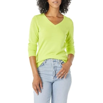 Image de Amazon Essentials Chandail léger à manches longues et col en V pour femme (disponible grande taille), jaune fluo, taille XS