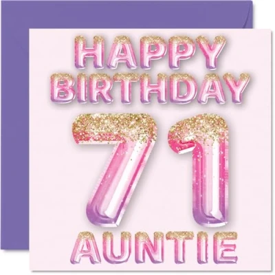Afbeelding van Verjaardagskaart voor tante 71 jaar, roze en paarse glitterballonnen, verjaardagskaarten jarige van neef nichtje, 145 mm x