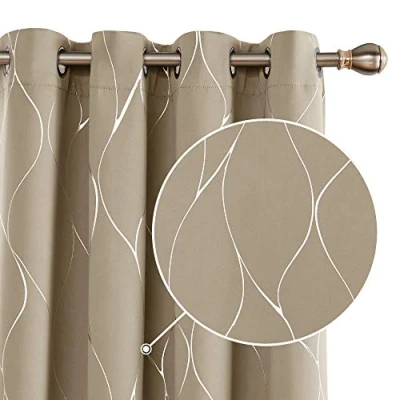 Afbeelding van Deconovo Set van 2 warmte isolerende verduisteringsgordijnen met ringen, voor slaapkamer, 140 x 240 cm, bedrukt, zilverkleurig, taupe