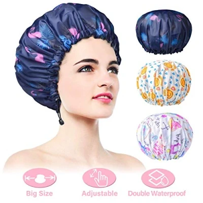 Image de Lot de 3 bonnets douche réglables, double couche imperméable pour douche, bonnet bain extra large réutilisable femme, extérieur et doublure en EVA, design surdimensionné toutes les longueurs/styles cheveux