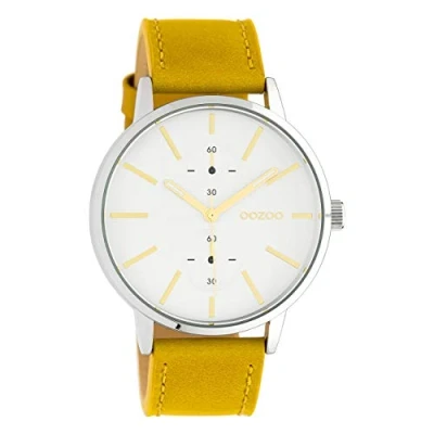 Afbeelding van Oozoo Chronograaf unisex leren band 42 mm zilver mosterdgeel C10585, zilver., Riem