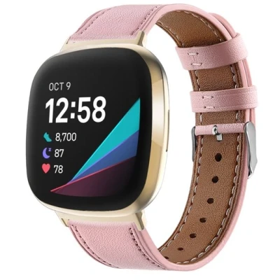 Afbeelding van Fitbit Versa 3/4 &amp; Sense 1/2 leren bandje Roze Roestvrijstale gespsluiting