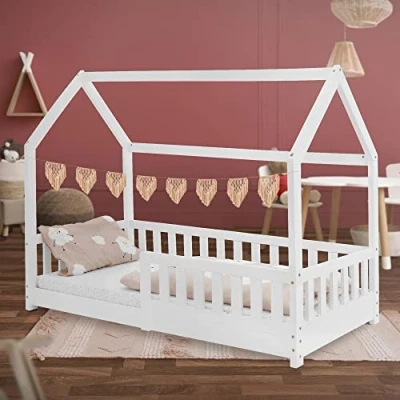 Afbeelding van Kinderbed met uitvalbeveiliging lattenbodem en dak 80x160 cm Wit grenen hout ML Design