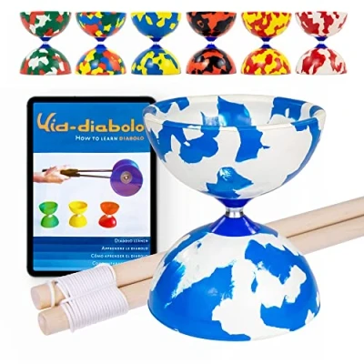 Afbeelding van Juggle Dream Jester diabolo set met vaste as diabolo, houten stokken en online instructievideo Jongleerspeelgoed (blauw/wit)
