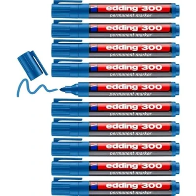 Afbeelding van Edding 300 permanente markeerstiften, lichtblauw, 10 stiften, ronde punt 1,5 3 mm, sneldrogend, water en schuurbestendig, voor karton, kunststof, hout, metaal, glas