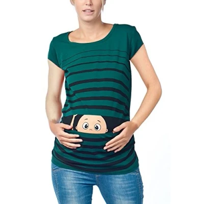 Afbeelding van M.M.C. Schattige en grappige zwangerschapskleding met babymotieven die er humor uitzien, damestop, korte mouwen, Donkergroen