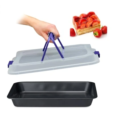 Afbeelding van Relaxdays bakvorm met deksel transport van cake 3 in 1 40 x 32,5 cm cakevorm transportbox zwart blauw