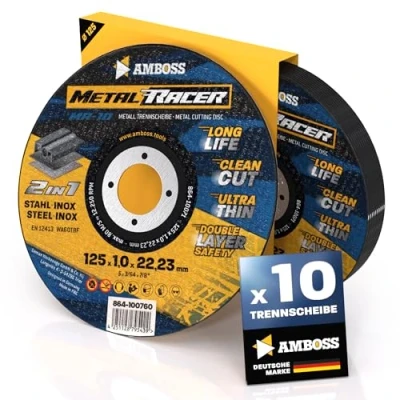 Afbeelding van Set van 10 metalen doorslijpschijven Ø 125 x 1 22,23 mm. De doorslijpschijf Metal Racer by AMBOSS WERKZEUGE is geschikt voor staal en roestvrij staal,