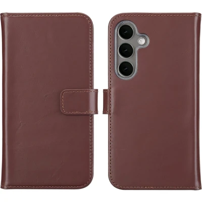 Afbeelding van Selencia Hoesje Geschikt voor Samsung Galaxy S25 Met Pasjeshouder Echt Lederen Bookcase Donkerbruin