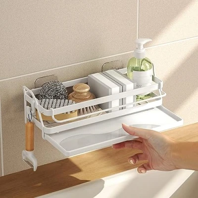 Afbeelding van HMAKGG Organizer voor gootsteen, keuken, wandmontage, sponshouder, afdruiprek, wit, van roestvrij staal, opslag zelfklevend, met afdruipbak, handdoekhouder