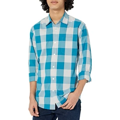 Image de Amazon Essentials Chemise en Popeline à Manches Longues, Style Décontracté, Coupe Standard Men&#039;s, Bleu Blanc Carreaux Lainés, L