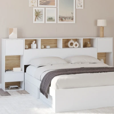 Image de Tête de lit sur pied CAMPHA 240 cm avec chevets tiroir + placards niches bois et blanc IDMarket