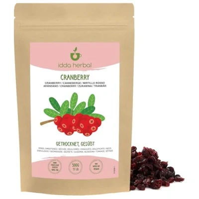 Image de Canneberges Séchées (500g), Entières, Sucrées au Jus de Pomme, Moelleuses, Snack aux Fruits prêt à Manger, Végétalien