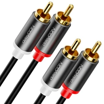 Afbeelding van deleyCON 2 m RCA audiokabel, cinch hifi metalen stekker, verguld, voor stereo systeemversterker, thuisbioscoop, ontvanger, Blu Ray speler (extra dun en flexibel)