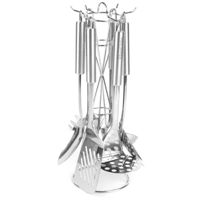 Afbeelding van Russell Hobbs RH00123EU Set van 6 keukengerei met standaard, pollepel, spaghettilepel, sleuflepel, stevige lepel, opengewerkte spatel en aardappelstamper, gemakkelijk te reinigen, gepolijst oppervlak