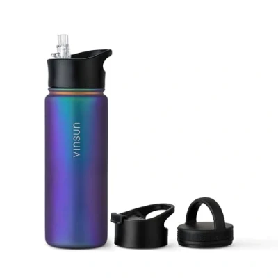 Afbeelding van Vinsun Roestvrijstalen drinkfles, 500 ml, rietje, drinkopening, schroefsluiting, lekvrij, geschikt voor koolzuurhoudende dranken, thermosfles sport, school