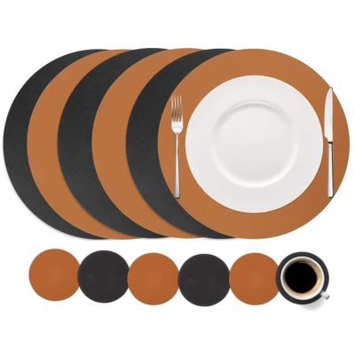 Afbeelding van Cookinglife 6 Placemats + Onderzetters Rond Vegan leer Zwart / Cognac 12 stuks