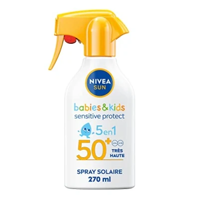 Image de NIVEA SUN Pistolet solaire protection Babies &amp; Kids Sensitive Protect FPS 50+ (1 x 270 ml), Spray ultra résistant à l’eau, Crème formulée pour la peau fragile des enfants et bébés