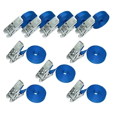 Afbeelding van Amazon Basics 10 stuks spanbanden met ratel, lengte 6 m, breedte 25 mm, sjorcapaciteit 800 kg, volgens DIN EN 12195 2, blauw