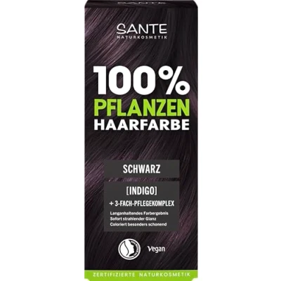 Afbeelding van SANTE Naturkosmetik veganistische haarverf, 100% poeder, 05 zwart, kleur met indigo, duurzaam natuurlijke grijsdekking en glans, complex van