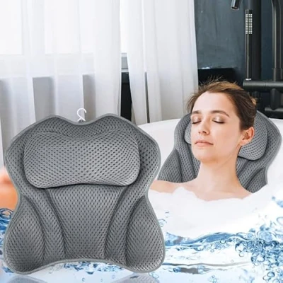 Afbeelding van Badkussen, badkussen als nek en nekkussen, badkuip, met 4D Air mesh technologie, rug in de badkuip 6 zuignappen, hoofdsteun voor thuis spa (grijs)