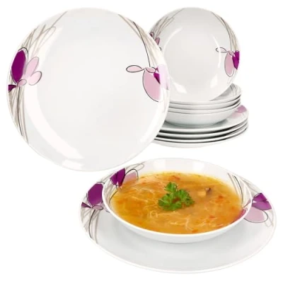 Afbeelding van MamboCat Viola 12 delig tafelservies, porseleinen servies met bloemendecoratie voor 6 personen, soepborden en platte borden ontbijt, lunch diner
