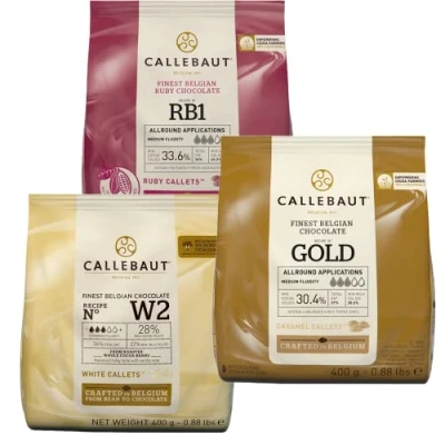 Afbeelding van Chocoladeset 3 x 400 g (robijn, wit en goud) Callebaut, Belgische chocolade