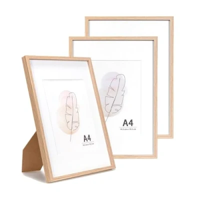 Afbeelding van Lot de 3 cadres photo A4 en chêne pour mur et bureau, 21 x 29,7 cm