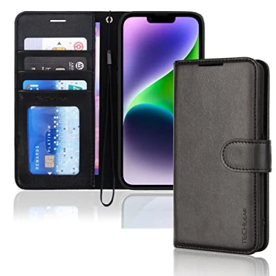 Afbeelding van TECHGEAR Beschermhoes voor iPhone 14, portefeuille, leer, met beschermklep, kaartsleuven, standaard en polsband, PU zwart, compatibel 14 6,1 inch