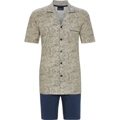 Afbeelding van Heren doorknoopshortama bladeren karamel Beige Maat 48
