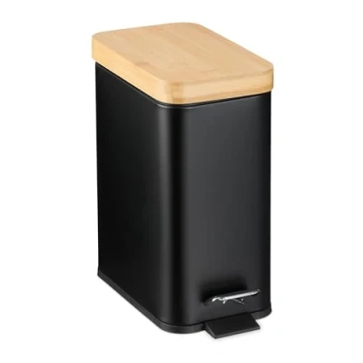 Afbeelding van Relaxdays afvalemmer voor badkamer, 5 liter, uitneembare binnenemmer, metalen met bamboedeksel, zwart