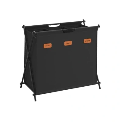 Afbeelding van SONGMICS Wasmand, 135 l, 3 delen, X frame, opvouwbaar, kledingorganizer met personaliseerbare etiketten, voor wasruimte, slaapkamer, badkamer, inktzwart LCB130B01