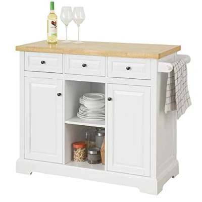 Afbeelding van SoBuy FKW100 WN Rolwagen, opbergkast met wielen, serveerwagen, dressoir, houten kast 2 laden en 3 deuren, 115 x 46 90,2 cm