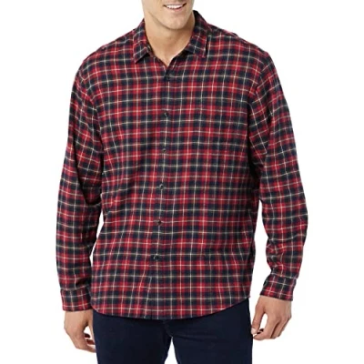 Image de Amazon Essentials Chemise en flanelle à manches longues (grandes tailles disponibles) Homme, Rouge Foncé Écossais, M
