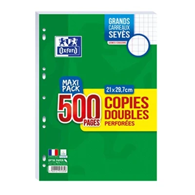 Afbeelding van OXFORD Set van 500 dubbele geperforeerde kopieën pagina&#039;s, A4 (21 x 29,7 cm), 90 g, grote ruitjes, Seyès Maxi Pack