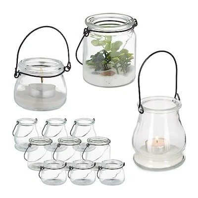 Afbeelding van Relaxdays windlicht set van 12 mix ronde theelichthouders 3 groottes hengsel glas