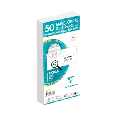 Afbeelding van Clairefontaine 10645C, verpakking met 50 witte enveloppen, DL 110 x 220 mm, zelfklevend, 80 g/m², kristalpapiervenster, 45 100 cm (positie 20/20)