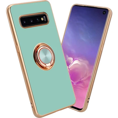 Afbeelding van Cadorabo Hoesje geschikt voor Samsung Galaxy S10 PLUS in Glossy Turquoise Goud met ring Beschermhoes van flexibel TPU silicone Case Cover camerabescherming en magnetische autohouder