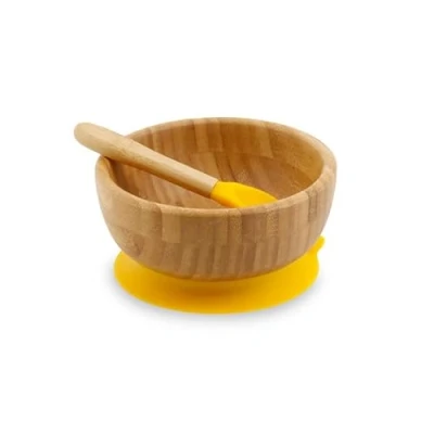Afbeelding van Bamboekommenset rond, zuignapkom met lepel FSC gecertificeerd I leuke bambooe kom set voor kinderen baby brede &amp; mueslischaal bamboo servies rond geel
