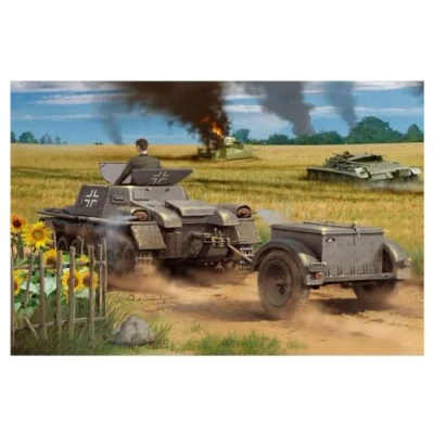 Afbeelding van the 1:35 Model kit of A Munitionsschlepper PanzerKampfwagen I Ausf with Ammo Trailer. Plastic Glue not included manufacturer is Trumpeter.This only online available.