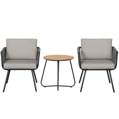 Afbeelding van Outsunny Tuinmeubelset van polyrotan, 3 delig, stalen frame, 2 stoelen + 1 salontafel, kussens, grijs
