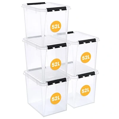 Afbeelding van SmartStore grote opbergboxen 52l (5 stuks) verstevigd, transparant, 10 jaar garantie, geschikt voor levensmiddelen, clipsluiting, stapel en nestbaar, BPA vrij, L50 x B39 H41cm