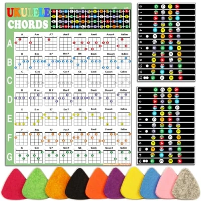 Afbeelding van ukelele akkoordbord met stickers voor toets en 10 gekleurde plectrums