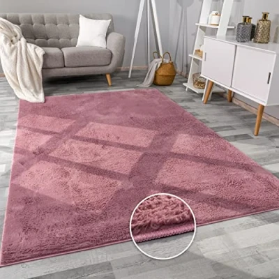 Afbeelding van Paco Home Vloerkleed voor de woonkamer, imitatiebont, pluizig, shaggy, lang, wasbaar, afmetingen: 100 x 200 cm, kleur: paars/roze