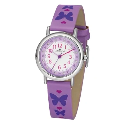 Afbeelding van ATRIUM Horloge Kind Kinderhorloge Meisjes Paars Kristal Steentjes Analoog 3 bar Vlinders Leercijferblad A47 18
