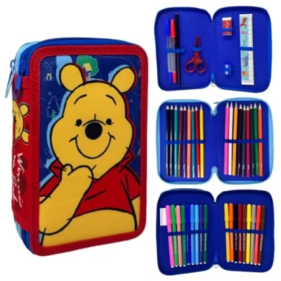 Afbeelding van CARTOON etui met 3 ritssluiting, compleet, 44 stuks, voor school, meerdere vakken, kleurpotloden, markers Giotto, Winnie de Poeh,