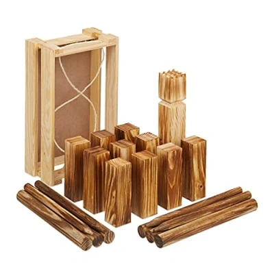 Afbeelding van Relaxdays Kubb spel werpspel 21 speelfiguren buitenspel houten blokken met kist